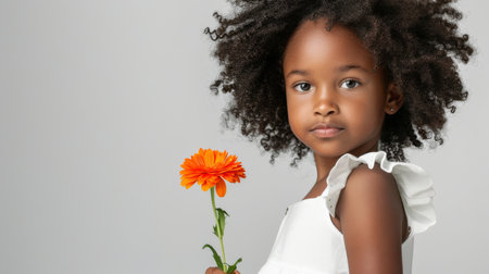 a Black girl in a white dress, looking curious while holding a flower on a white studio backgroundの素材