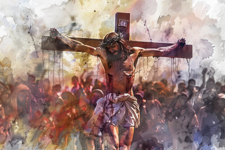 Jesus on the Cross during the Crucifixion, depicted in a digital watercolor painting.の素材