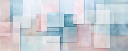 Abstract geometric background showing a mosaic of overlapping squares and rectangles in pastel hues. The soft colors and layered shapes give a calm and sophisticated feel.の素材