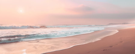 A serene beach sunrise background with soft pastel colors, gentle waves, and textured sand. The peaceful, picturesque view creates a relaxing, inspiring scene.の素材