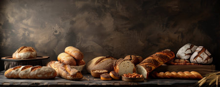 A beautifully arranged display of various bread types in a bakery setting. The background is a dark, textured wall with ample copy space, creating a warm and inviting atmosphere.の素材