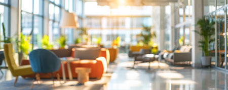 A blurred image of an office lounge area with cozy seating, large windows, and bright lighting, conveying a relaxed and modern corporate space.の素材