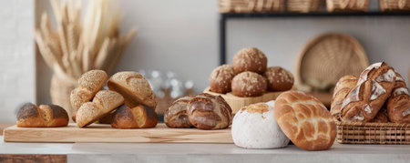 A beautifully arranged display of various bread types in a bakery setting. The background is a light, neutral color, providing ample copy space for text or logos.の素材