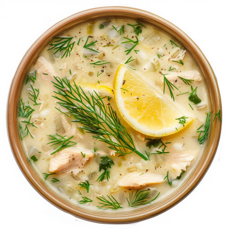 A bowl of Greek avgolemono soup, chicken soup with rice, egg, and lemon, garnished with fresh dill, isolated on white background.の素材
