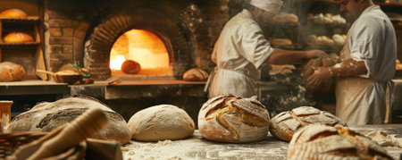 A bakery kitchen in action, with bakers shaping dough into loaves and placing them into a large, traditional brick oven. The scene conveys the skill and craftsmanship involved in artisan bread-making, with flour-dusted surfaces and wooden tools in the background.の素材