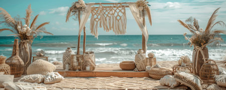 A bohemian-style beach podium with macramÃÂ© decorations and wooden accents, set against a backdrop of rolling ocean waves. The podium is surrounded by beach blankets and woven baskets, creating a relaxed, beachy atmosphere.の素材