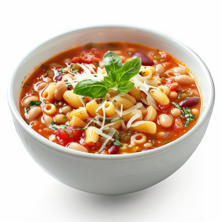 A bowl of Italian pasta e fagioli, a hearty soup with pasta, beans, tomatoes, and herbs, garnished with gratified Parmesan, isolated on white background.の素材