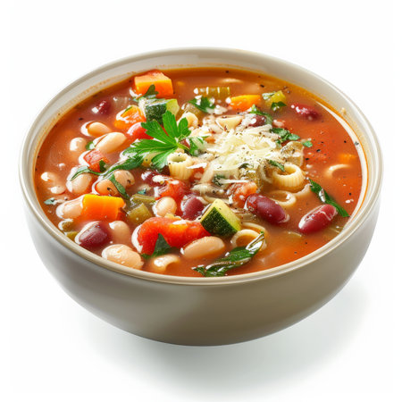 A bowl of Italian minestrone soup, hearty vegetable soup with beans, pasta, and a sprinkle of Parmesan cheese, isolated on white background.の素材
