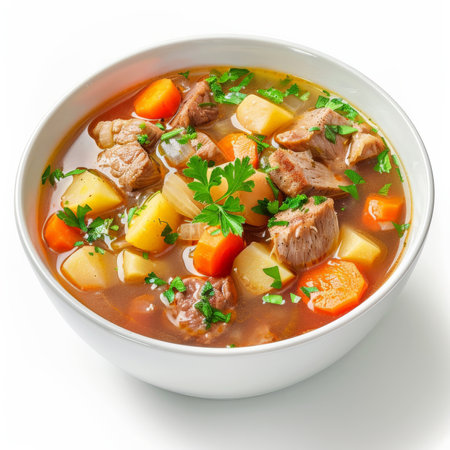 A bowl of Irish stew, with tender lamb, potatoes, carrots, and onions in a rich broth, garnished with fresh parsley, isolated on white background.の素材