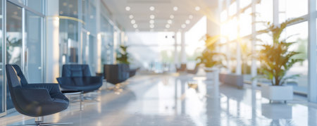 A blurred office background showing a bright and spacious reception area with modern seating and large windows, creating a professional and inviting space.の素材