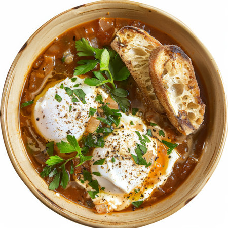 A bowl of Spanish sopa de ajo, garlic soup with poached eggs and bread, garnished with parsley, isolated on white background.の素材