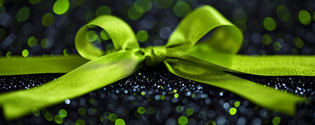 A bright lime green ribbon bow on a black glitter background. The bold color and sparkling texture create a dramatic and energetic feel.の素材