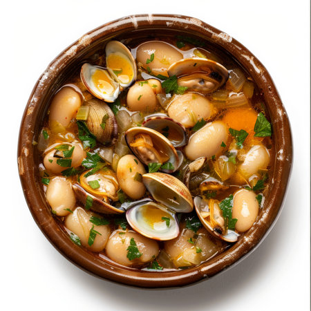 A bowl of Spanish fabes con almejas, butter beans with clams in a rich broth of garlic, white wine, and parsley, isolated on white background.の素材