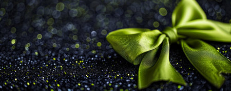 A bright lime green ribbon bow on a black glitter background. The bold color and sparkling texture create a dramatic and energetic feel.の素材