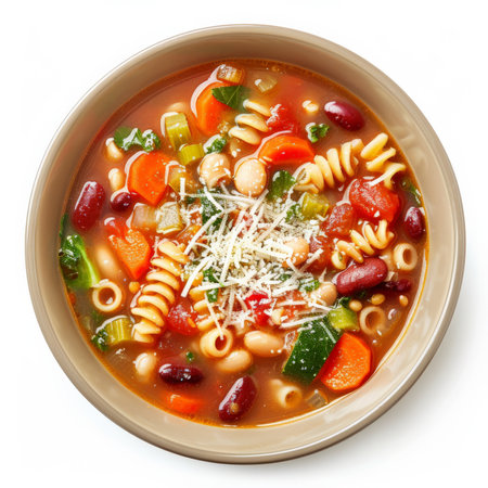A bowl of Italian minestrone soup, hearty vegetable soup with beans, pasta, and a sprinkle of Parmesan cheese, isolated on white background.の素材
