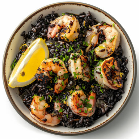A bowl of Spanish arroz negro, black rice cooked with squid ink and seafood, garnished with aioli and lemon wedges, isolated on white background.の素材