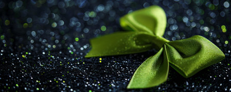 A bright lime green ribbon bow on a black glitter background. The bold color and sparkling texture create a dramatic and energetic feel.の素材