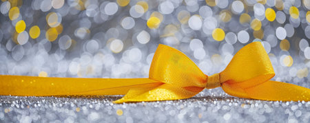 A bright yellow ribbon bow on a silver glitter background. The cheerful color and sparkling texture create a joyful and vibrant scene.の素材
