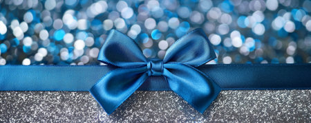 A bright blue ribbon bow on a silver glitter background. The bold color and shimmering texture create a striking and modern look.の素材
