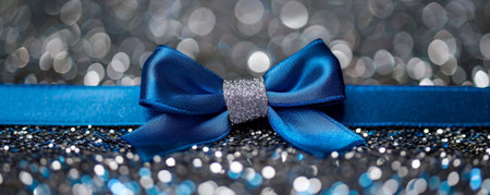 A bright blue ribbon bow on a silver glitter background. The bold color and shimmering texture create a striking and modern look.の素材