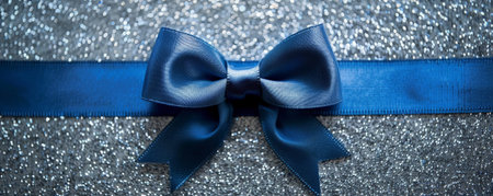 A bright blue ribbon bow on a silver glitter background. The bold color and shimmering texture create a striking and modern look.の素材