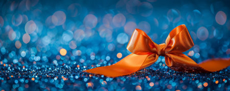 A bright orange ribbon bow on a blue glitter background. The contrasting colors and sparkling backdrop create a playful and energetic scene.の素材