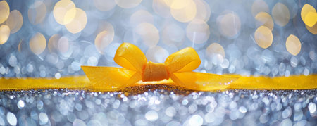 A bright yellow ribbon bow on a silver glitter background. The cheerful color and sparkling texture create a joyful and vibrant scene.の素材