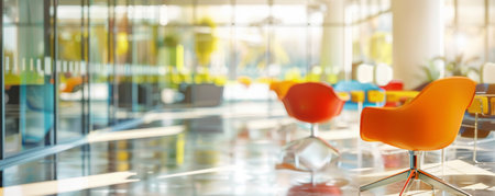 A bright, contemporary office with a blurred background of meeting rooms, colorful seating, and natural light, giving an energetic and modern feel.の素材