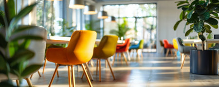 A bright, contemporary office with a blurred background of meeting rooms, colorful seating, and natural light, giving an energetic and modern feel.の素材