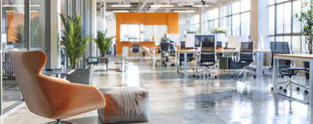 A brightly lit office with a blurred background of collaborative workspaces, ergonomic chairs, and natural light, conveying a modern and productive setting.の素材
