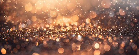 A close-up of gold and silver glitter mixed with selective focus, capturing the sharp details of the glitter particles while the background blurs into a warm, shimmering haze.の素材