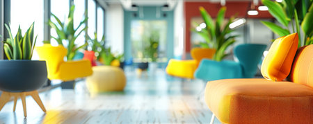 A bright, contemporary office with a blurred background of meeting rooms, colorful seating, and natural light, giving an energetic and modern feel.の素材