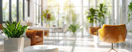 A bright, modern office with a blurred background of stylish decor, comfortable seating, and large windows, giving a fresh and vibrant look.の素材