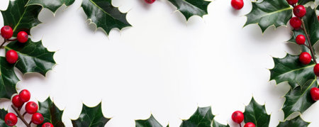 A circular frame of holly leaves and berries, isolated on a white background. The dark green leaves and red berries create a festive and seasonal border.の素材