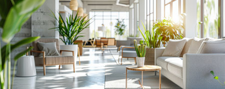 A bright, airy office with a blurred background showing dÃÂ©cor, comfortable seating, and large windows, conveying a welcoming and modern vibe.の素材