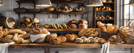 A charming bakery counter filled with an assortment of artisan breads, including whole wheat boules and cinnamon swirl loaves. Soft lighting enhances the warm, inviting atmosphere, with rustic accents and space for text or logo placement.の素材