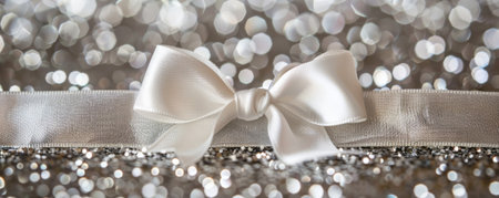 A classic white ribbon bow on a silver glitter background. The timeless combination and shimmering texture create an elegant and sophisticated look.の素材