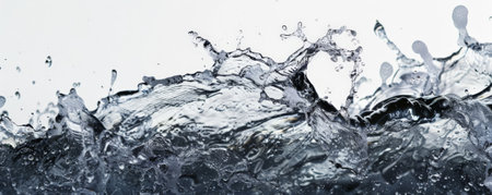 A close-up of a wave breaking and splashing, with water droplets forming intricate patterns against a white background. The detail captures the beauty and power of water in motion.の素材