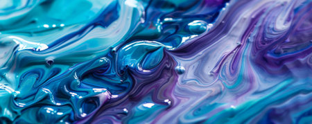 A close-up of liquid acrylic paint in cool shades of blue and purple, showing a smooth, flowing texture. The rich colors blend beautifully, with hints of white adding a sense of motion.の素材