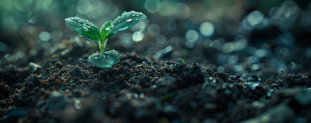 A close-up of a seedling growing from the soil, with droplets of water glistening on its leaves. The dark, fertile soil emphasizes the plant's freshness and vitality.の素材