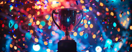 A close-up of a trophy on a podium, with confetti and fireworks in the background. The scene embodies the excitement and grandeur of a winner's celebration.の素材
