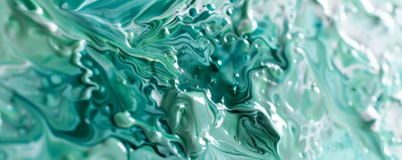 A close-up of liquid acrylic paint in shades of green and turquoise, showcasing a smooth, flowing texture. The rich colors blend beautifully, with hints of white adding a sense of motion.の素材