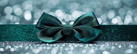 A deep emerald green ribbon bow on a silver glitter background. The rich color and sparkling texture create a luxurious and elegant feel.の素材