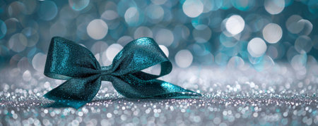 A deep teal ribbon bow on a silver and white glitter background. The rich color and sparkling texture create a sophisticated and elegant look.の素材