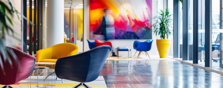 A contemporary office interior with a blurred background of vibrant artwork, colorful office furniture, and large windows, giving a dynamic and creative ambiance.の素材