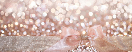 A delicate blush pink ribbon bow on a silver and gold mixed glitter background. The soft color and shimmering texture create a gentle and elegant look.の素材
