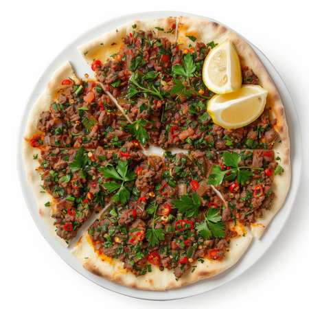 A delicious plate of Turkish lahmacun, thin flatbread topped with minced meat, vegetables, and spices, garnished with parsley and lemon wedges, isolated on white background.の素材