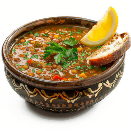 A delicious bowl of Turkish lentil soup garnished with lemon wedges and parsley, served with a side of bread, isolated on white background.の素材