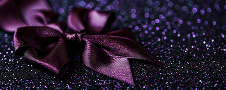 A deep plum ribbon bow on a black glitter background. The rich color and sparkling texture create a dramatic and sophisticated look.の素材
