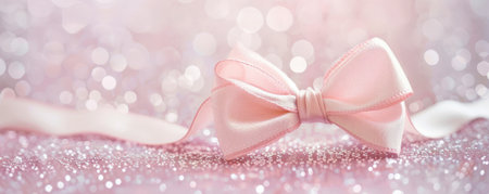 A delicate rose pink ribbon bow on a white glitter background. The soft color and sparkling texture create a sweet and elegant feel.の素材